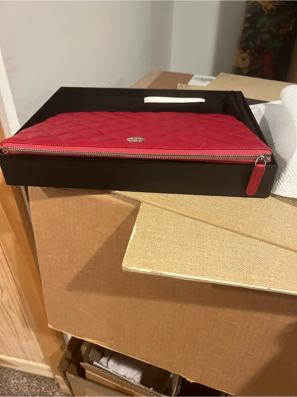 CHANEL Red Quilted Leather Zip Pouch with Silver CC